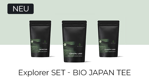 Ein ansprechendes Foto unserer Teeverpackung für das Explorer Set BIO Japan Tee, mit dem Hinweis NEU