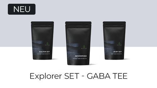 Ein ansprechendes Foto unserer Teeverpackung für das Explorer Set GABA Tee, mit dem Hinweis NEU